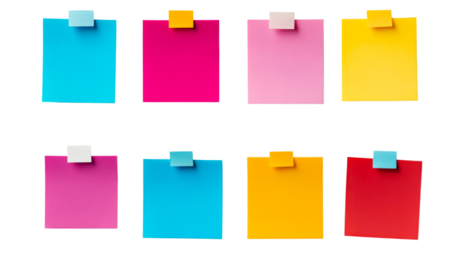 Colorful adhesive notes attached, square memo stickers, reminders ,cut out transparent