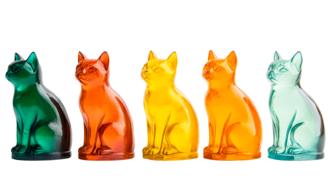 Colorful cat figurines on black background, cut out transparent
