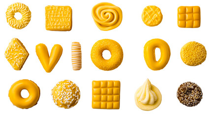 Sweet treats arrayed, vibrant confections, delicious assortment, yellow desserts, cut out transparent