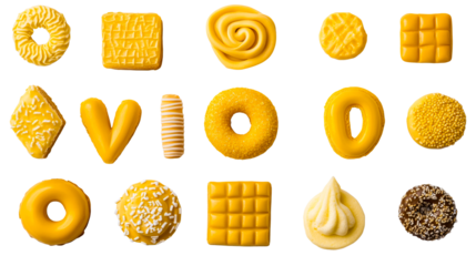 Sweet treats arrayed, vibrant confections, delicious assortment, yellow desserts, cut out transparent