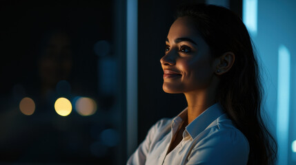 professional woman smiling in profile view, illuminated by soft light, exuding confidence and positivity. background features blurred city lights, creating serene atmosphere