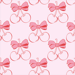 cherry with bow pattern.Trendy Valentine's Day Seamless pattern Sweet coquette and red Cherries Hand drawn Illustration not Ai ,Design for fashion ,fabric,textile,wallpaper,wrapping and all prints