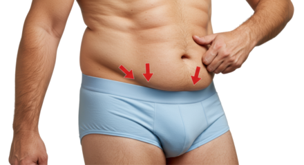 Isolated Man Pinching Abdominal Fat Folds with Red Arrows