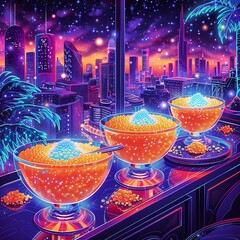 Futuristic neon cyberpunk illustration of glowing bioluminescent caviar served a high tech virtual reality fine dining setting