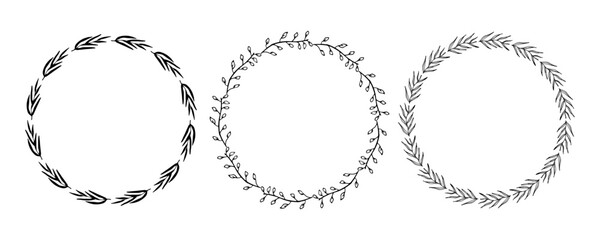 Set of black round frames made of plant branches.