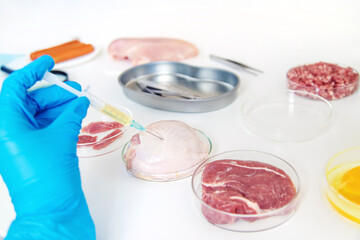 Examine meat in the laboratory. Selective focus.