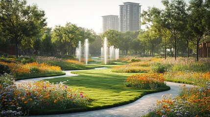 Earth Day Tranquility in the City: Flower - filled Glades and Graceful Fountain Jets, Surrounded by Lush Greenery and Winding Walks