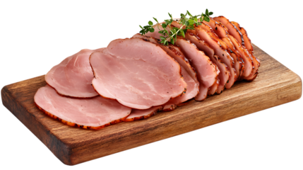 Sliced smoked ham on wooden board isolated on white or transparent background.