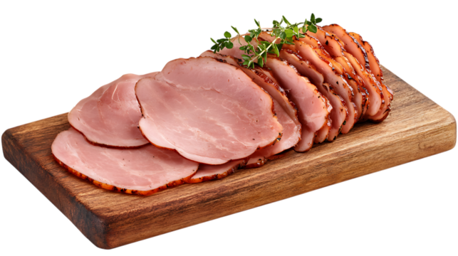 Sliced smoked ham on wooden board isolated on white or transparent background.