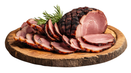 Sliced smoked ham on wooden board isolated on white or transparent background.