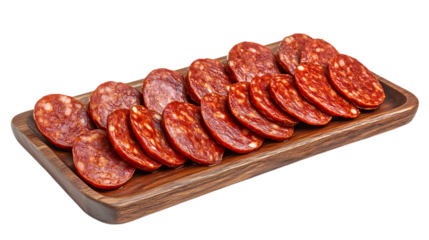 Sliced chorizo sausage on wooden board isolated on white or transparent background.