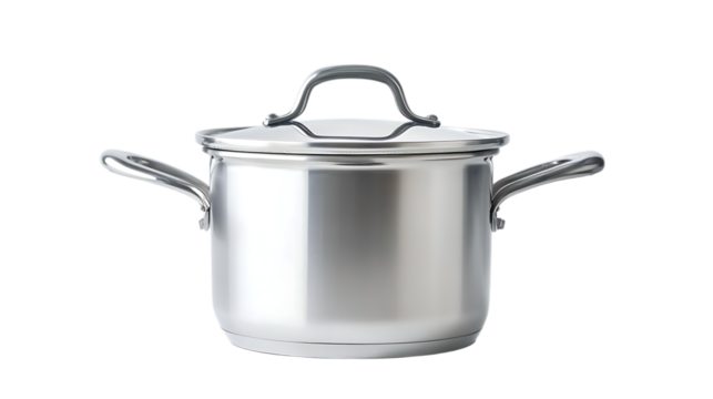 Stainless Steel Cooking Pot with Lid on White or Transparent Background.