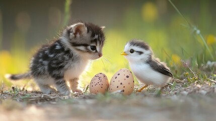 Obraz premium A curious kitten looks at a bird standing near its eggs