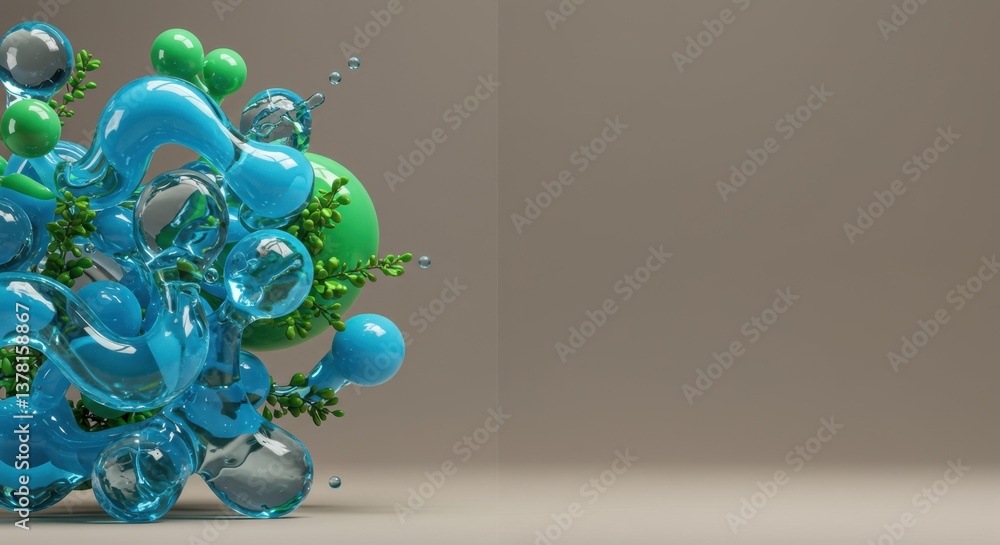 Aufkleber abstract 3d render of fluid forms and greenery a vibrant digital artwork showcasing dynamic liquid s