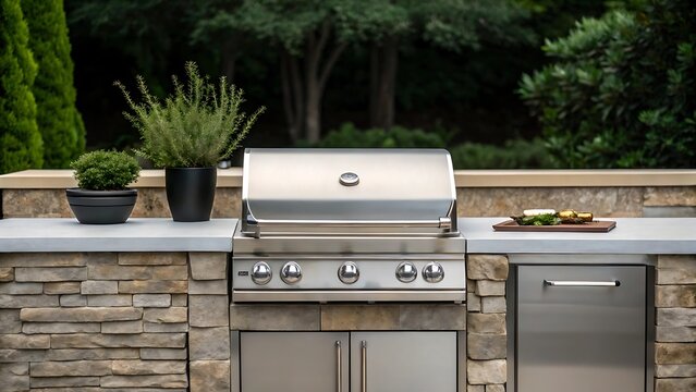 Outdoor kitchen grill with stone countertop and greenery