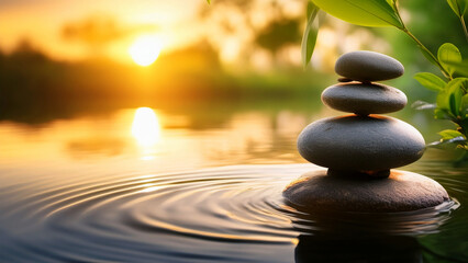 Obraz premium Zen Stones Stacked by Tranquil Water at Sunset – Peaceful Nature Scene for Meditation and Wellness Inspiration
