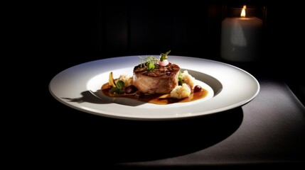 Elegant dish with gourmet meat and garnish.