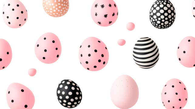 Easter eggs with various patterns on a black background, cut out transparent