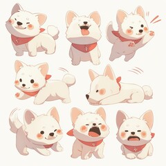 Obraz premium Adorable cartoon white dogs with red scarves. Various cute puppy expressions and poses.