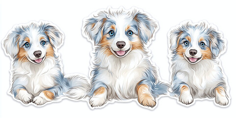 Sticker design featuring smiling happy puppies