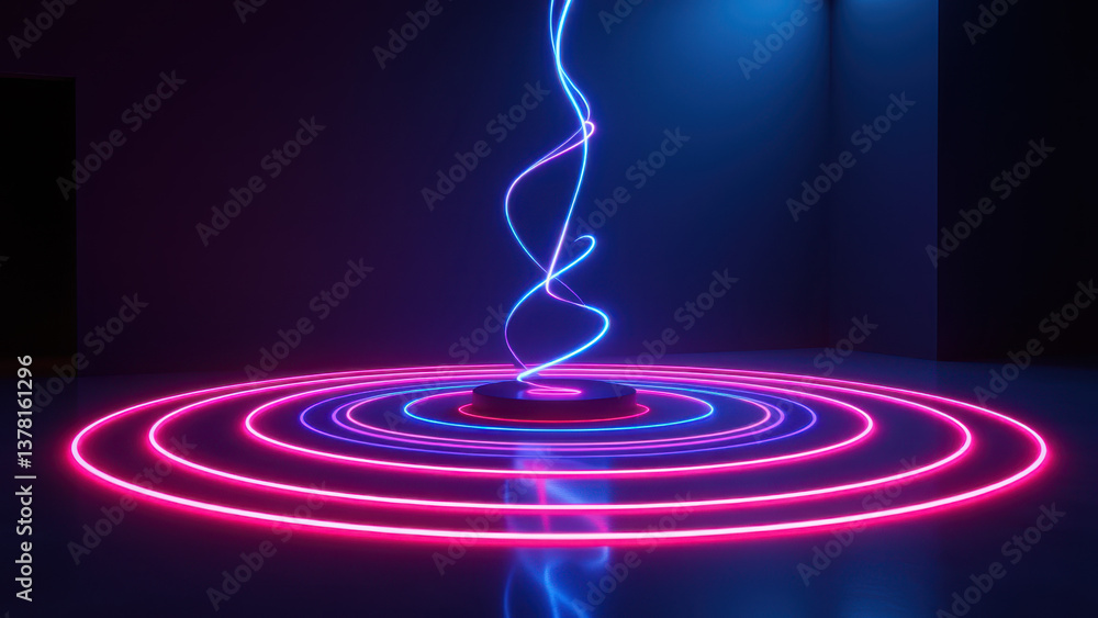 Poster a dynamic display showcasing a colorful, futuristic design with neon lighting and an abstract shape 