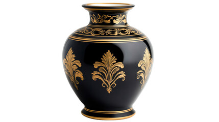 Black ornate vase, gold accents, floral decor, stylish, interior object, cut out transparent