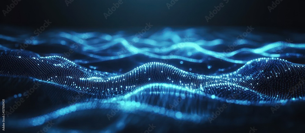 Poster abstract data landscape with glowing dots and blurred waves, concept for data visualization, technol