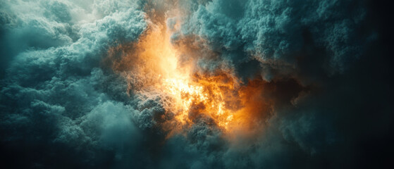 dramatic explosion of smoke and flame fills scene, creating powerful visual impact. intense colors and swirling clouds evoke sense of chaos and energy