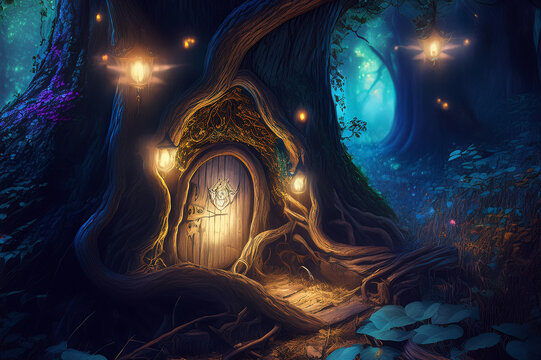 Reference Image M&auml;rchenhafte Stimmung im Wald und einer T&uuml;r in einem Baum zu einem Feenhaus 