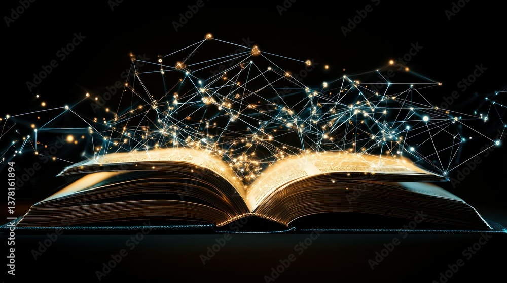 Poster an open book with glowing network connections, representing knowledge transfer and technological adv