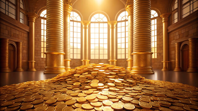 Golden treasure room with coins and columns