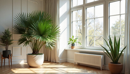 Fototapeta premium Indoor house plants Majesty Palm adorning a bright, modern living room 