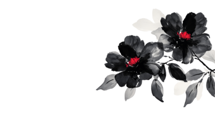 Monochrome floral illustration with black flowers , cut out transparent