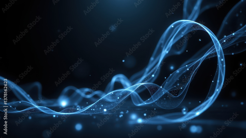Poster fluidic digital display with blue swirling patterns, suggesting advanced technology and user interfa