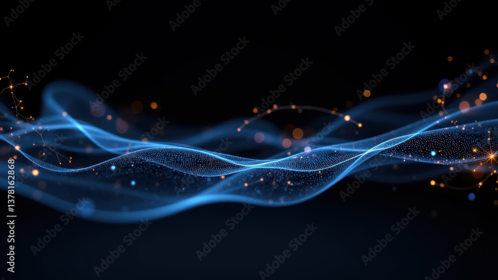 Poster a dynamic digital interface with flowing blue waves and shimmering stars, symbolizing innovation and