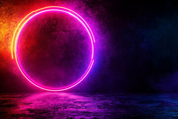 vibrant neon circle glows against textured dark background, creating abstract and dynamic atmosphere. interplay of colors evokes sense of energy and modernity