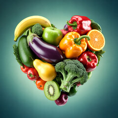 Heart-shaped arrangement, fresh fruits and vegetables, healthy eating, organic produce, balanced diet, nutrition concept, wellness, vibrant colors, food for heart health