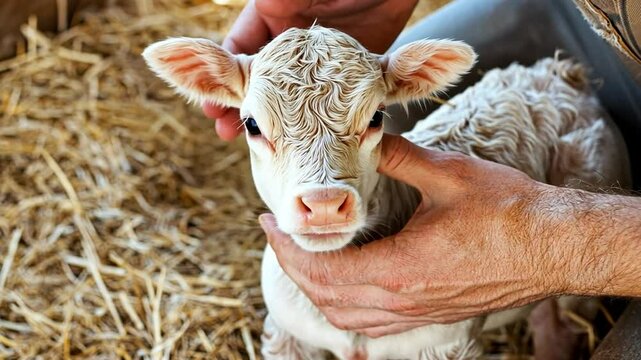 Farmer holding newborn calf in barn