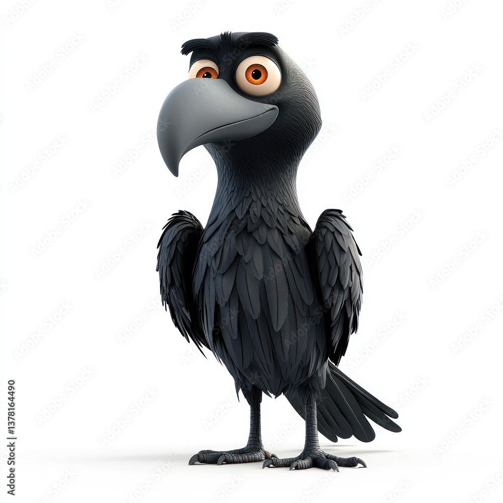 Poster cartoon crow character with stylized features and bold expression on a solid background