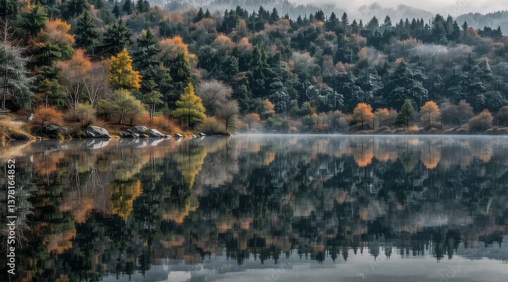 Aufkleber a serene lake reflects a colorful autumn forest under a misty sky. the calm water mirrors the trees 