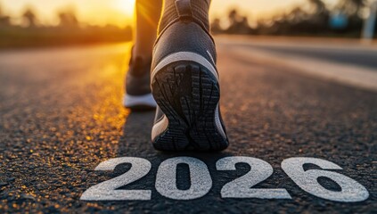 Person walking towards 2026 on road at sunset.