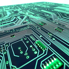 Close-up of a green circuit board showcasing intricate wiring patterns and electronic components against a dark background illuminated with a soft glow.