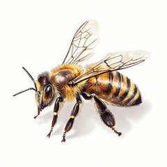 Detailed illustration of a honeybee with translucent wings showcasing its striped abdomen fuzzy body and intricate legs on a plain white background.