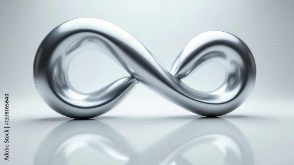 Poster a futuristic infinity loop symbol with a reflective surface on a gray background.