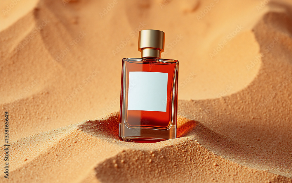 Poster elegant perfume bottle with a gold cap stands out against the rippled texture of golden sand. a mini