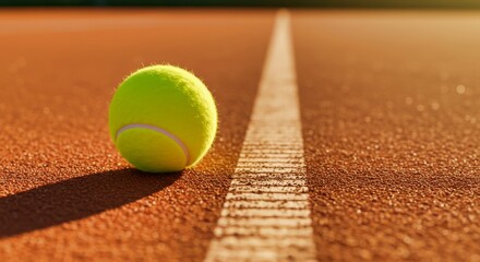Pelota de tenis en pista de arcilla roja al atardecer