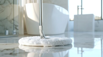 Modern Bathroom Cleaning with Microfiber Mop on Marble Floor