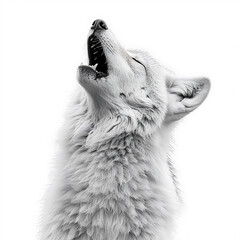 Obraz premium A monochrome portrait of a white wolf howling with its head tilted upwards against a stark white background.