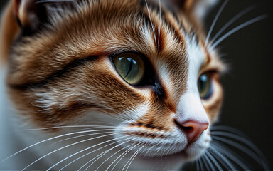 Close-up portrait of a domestic cat with striking green eyes. The feline's fur is a mix of white, orange, and brown, highlighting its detailed facial features.