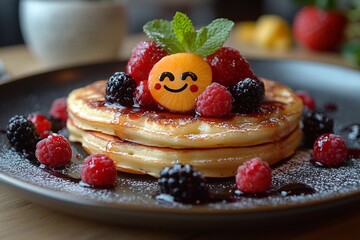 
Pancakes on a plate with fruit toppings and funny faces made of berries, the child eats them with joy.


